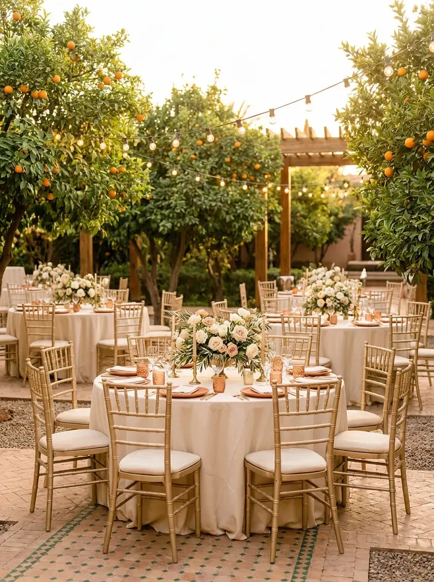 Table D'Or garden wedding styling with floral centerpieces and elegant place settings